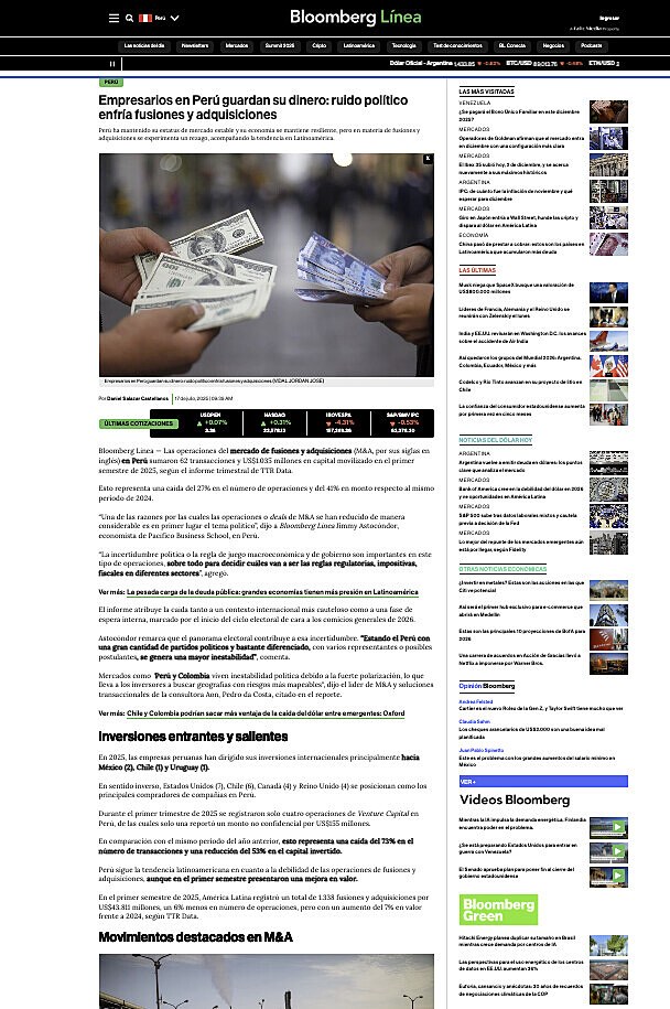 Empresarios en Per guardan su dinero: ruido poltico enfra fusiones y adquisiciones